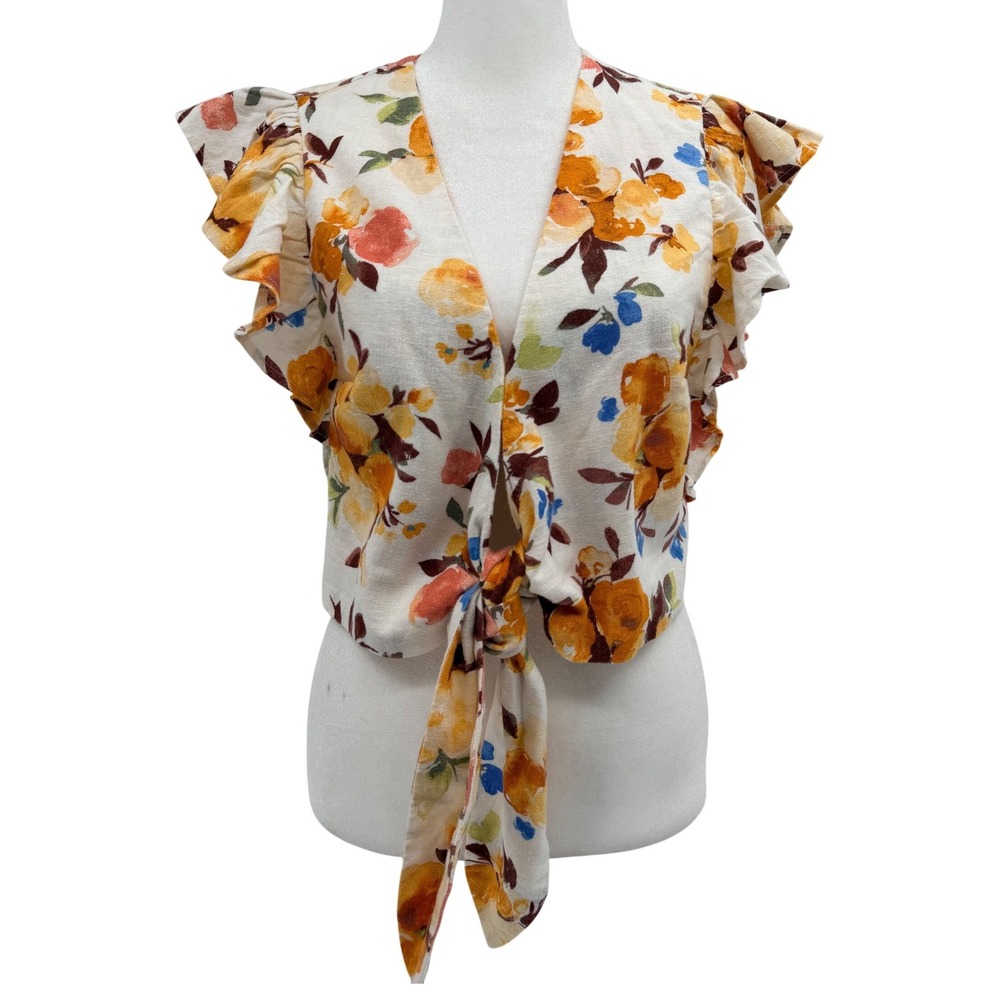 Abercrombie & Fitch Floral Tie Front V Neck Crop Top Small Ruffles Cottagecore
